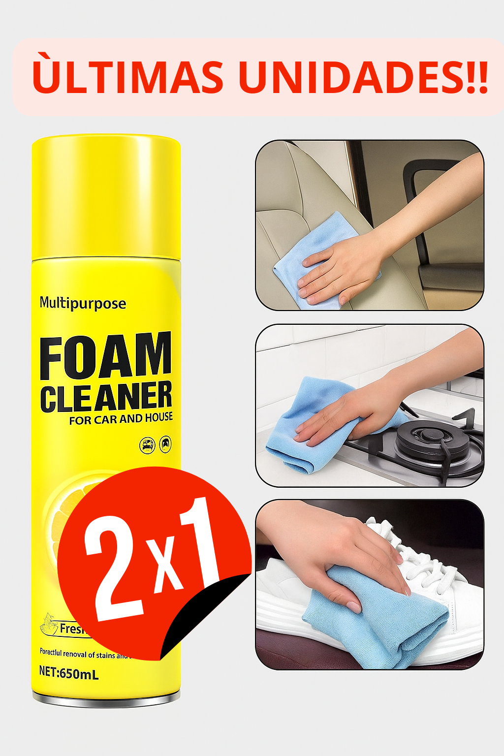 Oferta 2x1 – Espuma Limpiadora Multiuso – Disuelve grasa y manchas – Cocina, auto, zapatillas y sillones limpios en 10 minutos